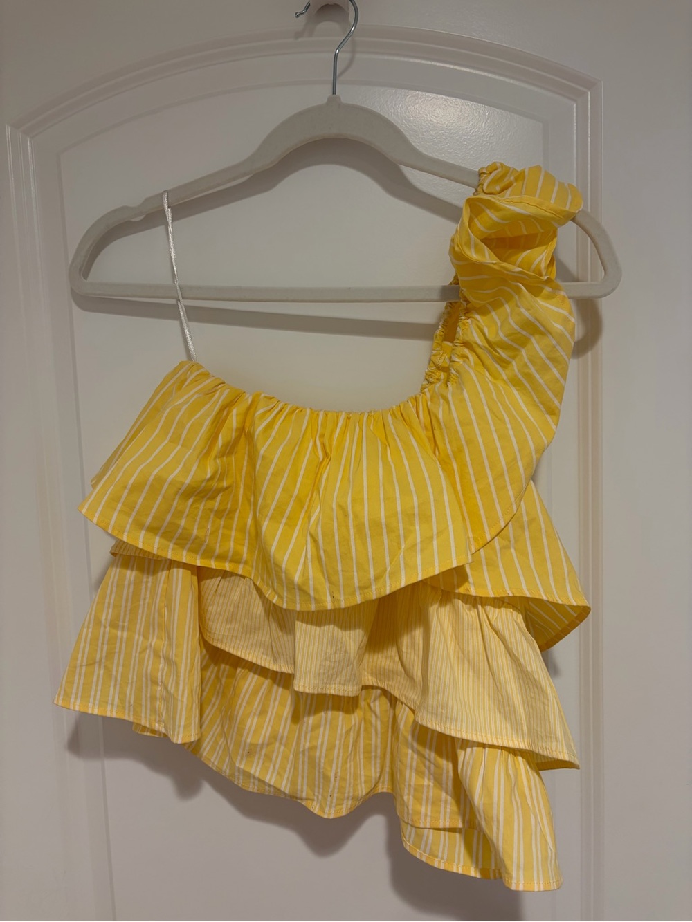 Anthropologie Yellow & White Striped One-Shoulder Ruffle Crop Top